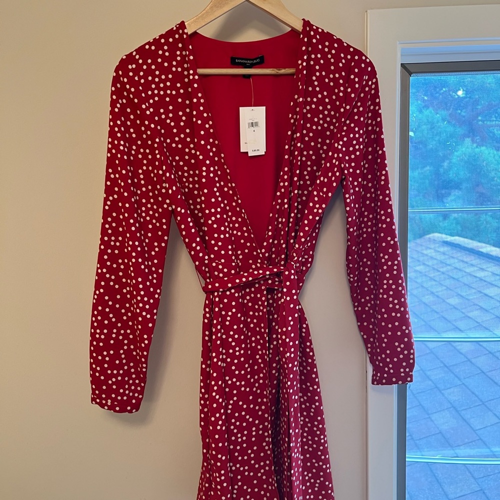 Banana Republic Red and White Polka Dot Long Sleeve Dress